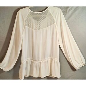 Signature Studio Blouse Women's Lg. Boho Cream Peasant Sleeve Embroidery Crochet